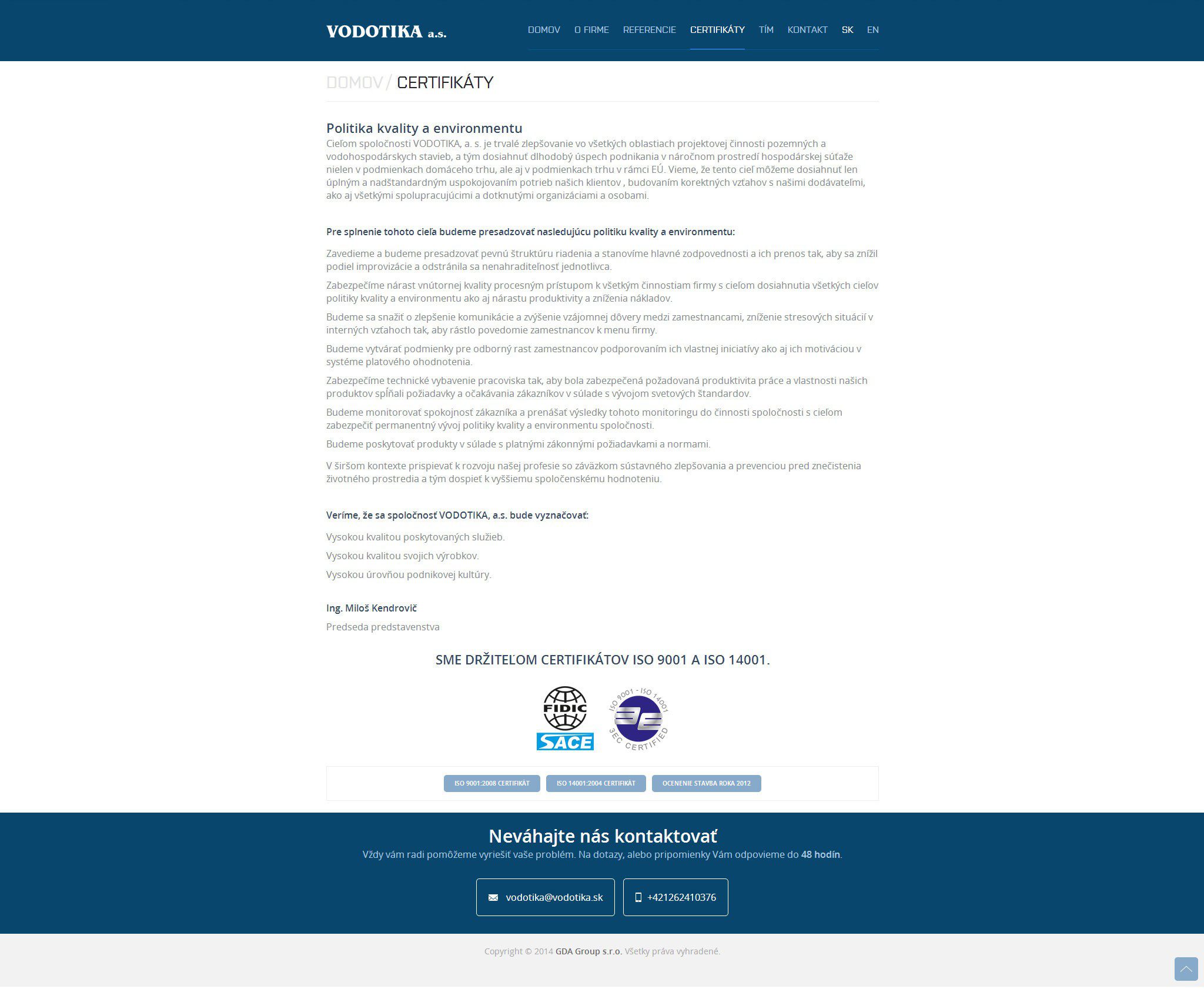 Gestaltung von Webseiten - VODOTIKA, a.s. - Zertifikates